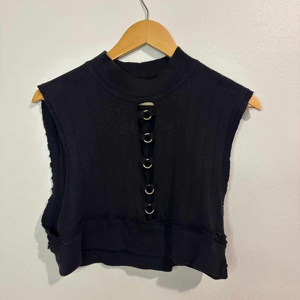 Tricia Fix Blue Cropped Muscle Tee with Mandarin Collar